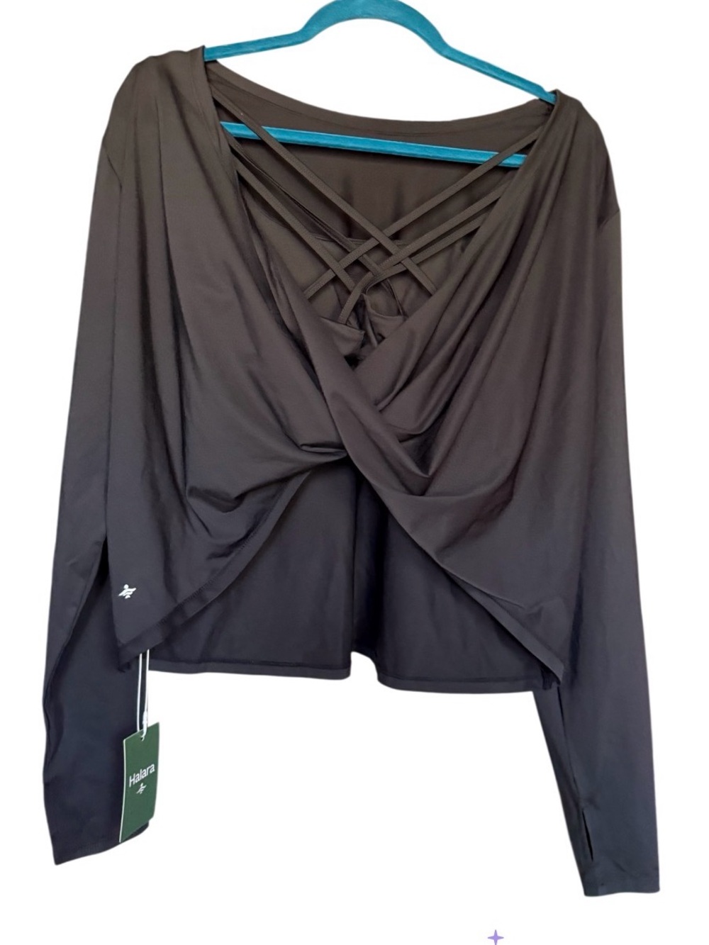 HALARA Black Draped Long Sleeve Top with Crisscross Back Detail